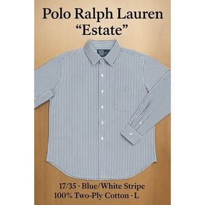 Polo Ralph Lauren Estate Shirt 17/35 Blue White Stripe 100% Two-Ply Cotton L